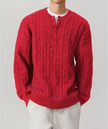 メンズ　ケーブル編み　ヘンリーネック