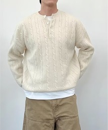 メンズ　ケーブル編み　ヘンリーネック