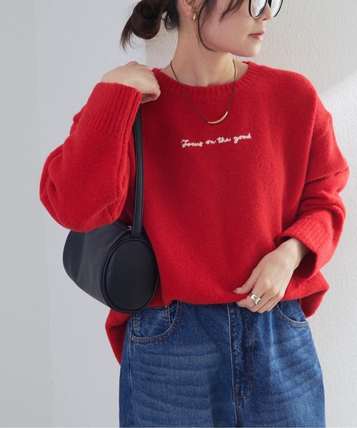 PUAL CE CIN(ピュアルセシン)の「ロゴ刺繍ニットプルオーバー(ニット/セーター・レディース・ネイビー/レッド/アイボリー・FREE)」の1枚目の写真