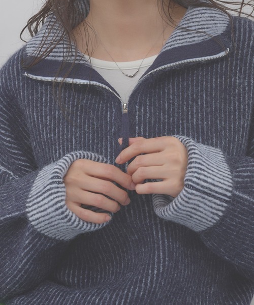 MUHET(ミュエータ)の「two-tone half-zip knit pullover / 配色ハーフジップニット(ニット/セーター・レディース・ベージュ/ネイビー/チャコールグレー・FREE)」の10枚目の写真
