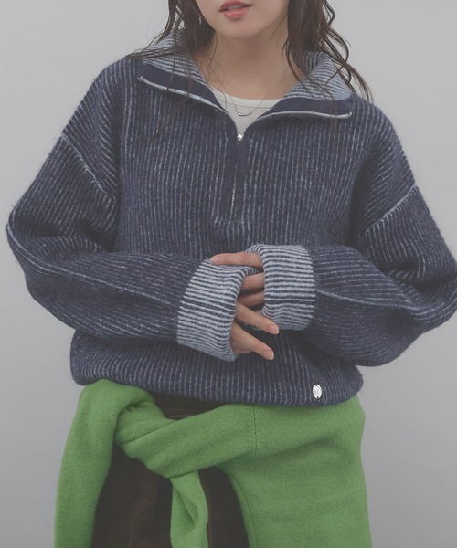 MUHET(ミュエータ)の「two-tone half-zip knit pullover / 配色ハーフジップニット(ニット/セーター・レディース・ベージュ/ネイビー/チャコールグレー・FREE)」の5枚目の写真