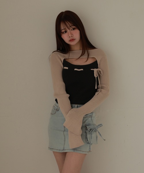 M DOLLY(エムドリー)の「*M DOLLY original* bicolor ribbon luna knit tops/バイカラーリボンルナニットトップス(ニット/セーター・レディース・ベージュ/ブラック・FREE)」の1枚目の写真