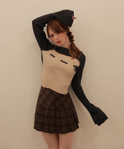 M DOLLY(エムドリー)の「*M DOLLY original* bicolor ribbon luna knit tops/バイカラーリボンルナニットトップス(ニット/セーター・レディース・ベージュ/ブラック・FREE)」の3枚目の写真
