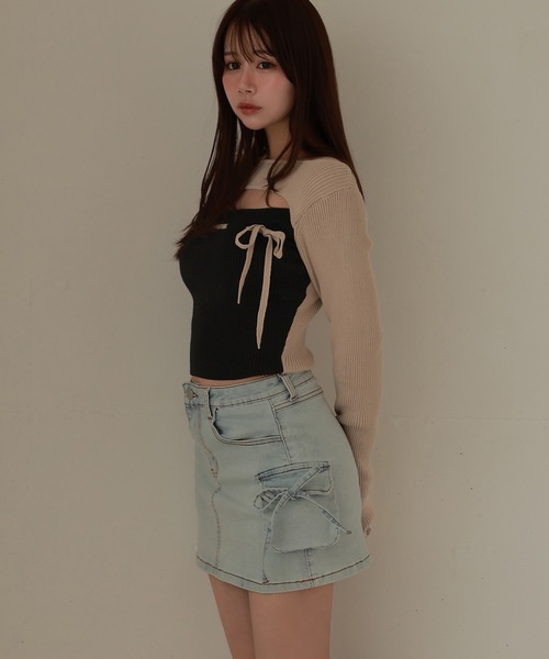 M DOLLY(エムドリー)の「*M DOLLY original* bicolor ribbon luna knit tops/バイカラーリボンルナニットトップス(ニット/セーター・レディース・ベージュ/ブラック・FREE)」の9枚目の写真
