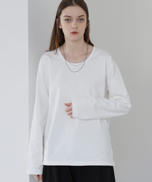 SOCCE（ソーシー）の「サイドスリットベーシックUネックコットンロングスリーブカットソー（Tシャツ/カットソー・メンズ・ホワイト/ブラック・M/S/XL/L）」の2枚目の写真