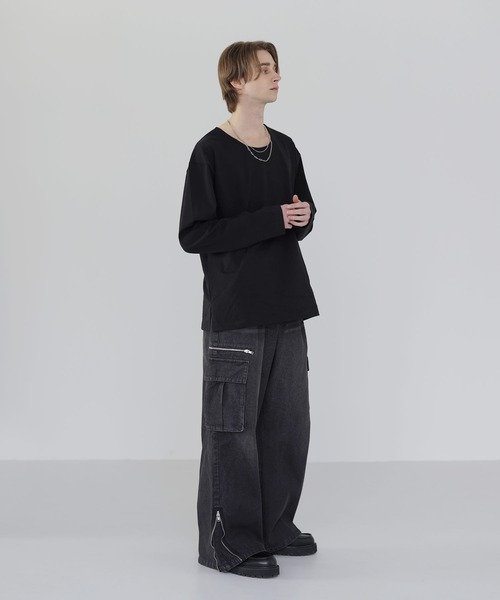 SOCCE（ソーシー）の「サイドスリットベーシックUネックコットンロングスリーブカットソー（Tシャツ/カットソー・メンズ・ホワイト/ブラック・M/S/XL/L）」の4枚目の写真