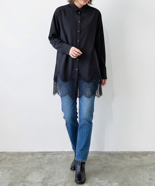 Muscat(マスカット)の「裾レースロングシャツ(シャツ/ブラウス・レディース・ブラック/ホワイト/ライトグリーン・F)」の4枚目の写真