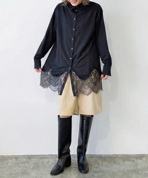 Muscat(マスカット)の「裾レースロングシャツ(シャツ/ブラウス・レディース・ブラック/ホワイト/ライトグリーン・F)」の5枚目の写真