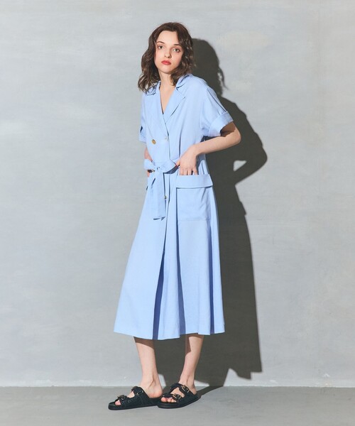 美品✨グレースクラス リネンタッチシャツワンピース 金ボタン ウエストリボン リネンタッチミリタリードレス（シャツワンピース）｜GRACE CLASS