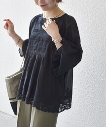SHIPS any:〈手洗い可能〉コットン レース ヘム キーネック ギャザー ブラウス