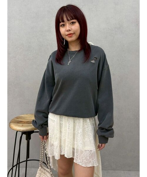 EVRIS（エヴリス）の「ピグメントダメージスウェットトップス　春服（スウェット・レディース・グレー/チャコールグレー・FREE）」の16枚目の写真