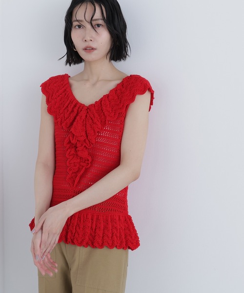 N.（N. Natural Beauty Basic）（エヌエヌナチュラルビューティーベーシック）の「柄編みラッフルニット（ベスト・レディース・ブラック/オフホワイト/レッド・FREE）」の11枚目の写真