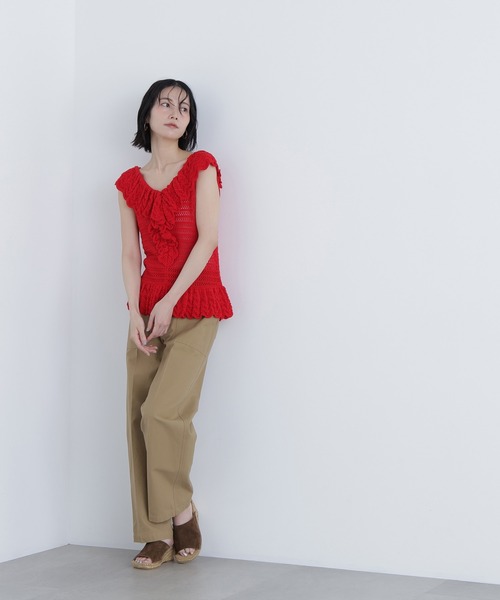 N.（N. Natural Beauty Basic）（エヌエヌナチュラルビューティーベーシック）の「柄編みラッフルニット（ベスト・レディース・ブラック/オフホワイト/レッド・FREE）」の12枚目の写真