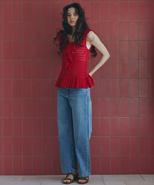 N.（N. Natural Beauty Basic）（エヌエヌナチュラルビューティーベーシック）の「柄編みラッフルニット（ベスト・レディース・ブラック/オフホワイト/レッド・FREE）」の5枚目の写真