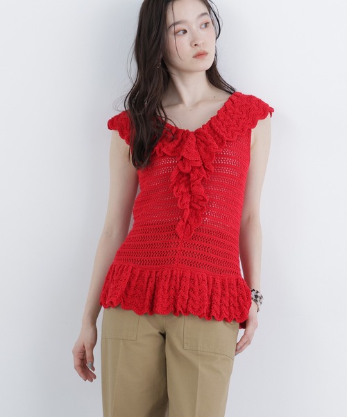 N.（N. Natural Beauty Basic）（エヌエヌナチュラルビューティーベーシック）の「柄編みラッフルニット（ベスト・レディース・ブラック/オフホワイト/レッド・FREE）」の16枚目の写真