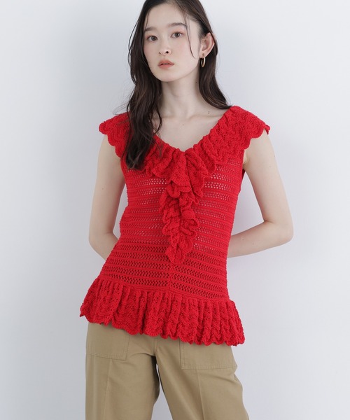 N.（N. Natural Beauty Basic）（エヌエヌナチュラルビューティーベーシック）の「柄編みラッフルニット（ベスト・レディース・ブラック/オフホワイト/レッド・FREE）」の19枚目の写真