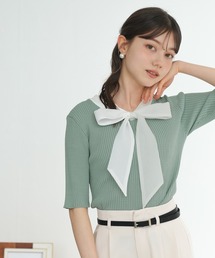 ASTORIA ODIER | ラメシアーリボンタイリブニット(UVカット/ウォッシャブル)半袖(ニット/セーター)