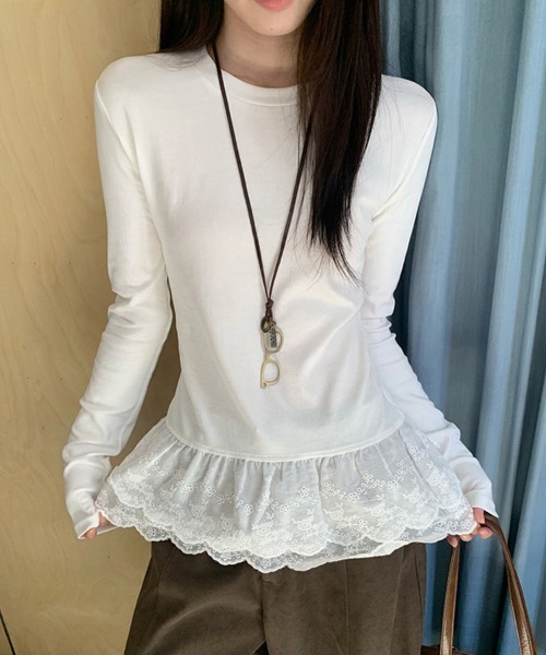ONEP STAR(ワンピスター)の「裾レース×スカラップデザイントップス(Tシャツ/カットソー・レディース・ホワイト・X-LARGE/LARGE/MEDIUM)」の6枚目の写真