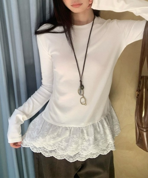 ONEP STAR(ワンピスター)の「裾レース×スカラップデザイントップス(Tシャツ/カットソー・レディース・ホワイト・X-LARGE/LARGE/MEDIUM)」の7枚目の写真