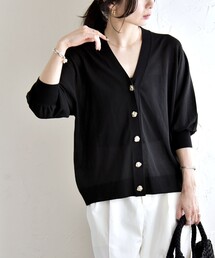 quaranciel:〈接触冷感/手洗い可能〉メタルボタン Vネック シアー ニット カーディガン