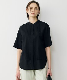 リネンスラブローン バンドカラーデザインシャツ