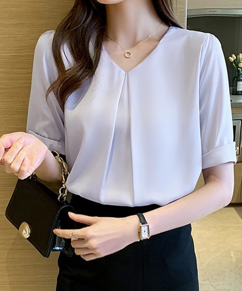 Miniministore（ミニミニストア）の「半袖シャツブラウスレディースVネック夏服（シャツ/ブラウス・レディース・ラベンダー/ホワイト・M/XL/L）」の2枚目の写真