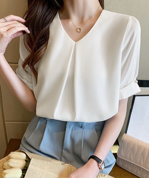 Miniministore（ミニミニストア）の「半袖シャツブラウスレディースVネック夏服（シャツ/ブラウス・レディース・ラベンダー/ホワイト・M/XL/L）」の8枚目の写真