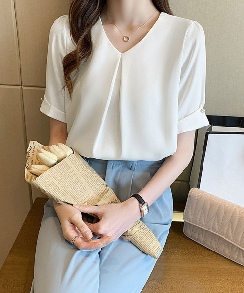 Miniministore（ミニミニストア）の「半袖シャツブラウスレディースVネック夏服（シャツ/ブラウス・レディース・ラベンダー/ホワイト・M/XL/L）」の9枚目の写真