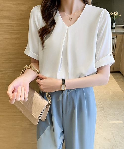 Miniministore（ミニミニストア）の「半袖シャツブラウスレディースVネック夏服（シャツ/ブラウス・レディース・ラベンダー/ホワイト・M/XL/L）」の10枚目の写真