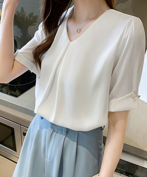 Miniministore（ミニミニストア）の「半袖シャツブラウスレディースVネック夏服（シャツ/ブラウス・レディース・ラベンダー/ホワイト・M/XL/L）」の11枚目の写真