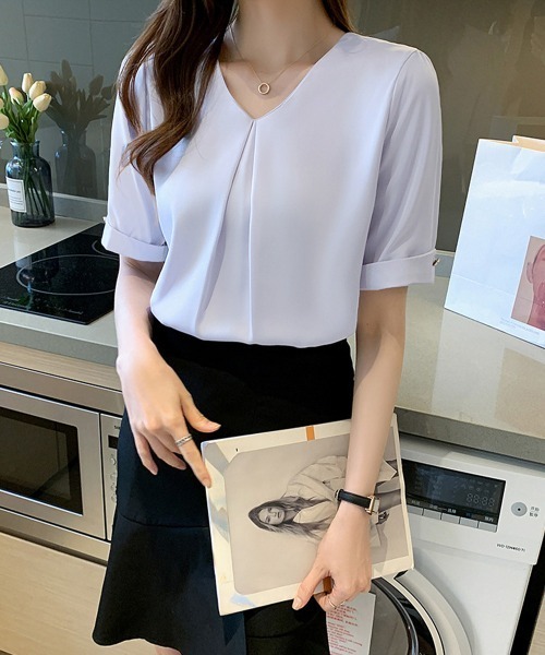 Miniministore（ミニミニストア）の「半袖シャツブラウスレディースVネック夏服（シャツ/ブラウス・レディース・ラベンダー/ホワイト・M/XL/L）」の12枚目の写真