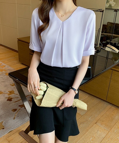 Miniministore（ミニミニストア）の「半袖シャツブラウスレディースVネック夏服（シャツ/ブラウス・レディース・ラベンダー/ホワイト・M/XL/L）」の14枚目の写真