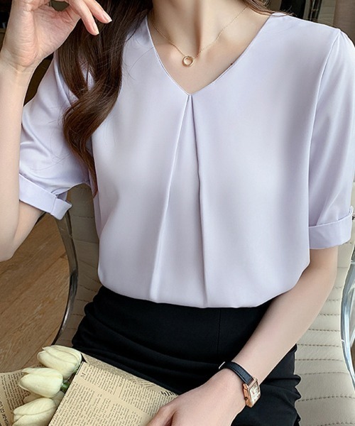Miniministore（ミニミニストア）の「半袖シャツブラウスレディースVネック夏服（シャツ/ブラウス・レディース・ラベンダー/ホワイト・M/XL/L）」の15枚目の写真