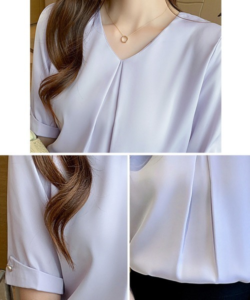 Miniministore（ミニミニストア）の「半袖シャツブラウスレディースVネック夏服（シャツ/ブラウス・レディース・ラベンダー/ホワイト・M/XL/L）」の17枚目の写真