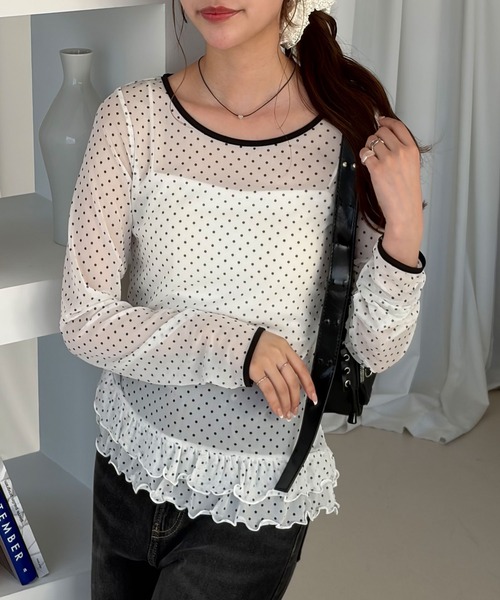 muet.(ミュエ)の「上品な透け感♪裾ティアードシアードットレイヤードトップス(Tシャツ/カットソー・レディース・ブラック系その他/ホワイト系その他・MEDIUM/LARGE)」の12枚目の写真