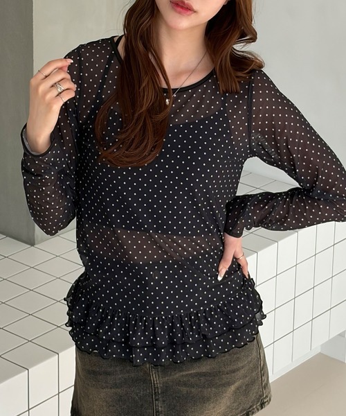 muet.(ミュエ)の「上品な透け感♪裾ティアードシアードットレイヤードトップス(Tシャツ/カットソー・レディース・ブラック系その他/ホワイト系その他・MEDIUM/LARGE)」の9枚目の写真