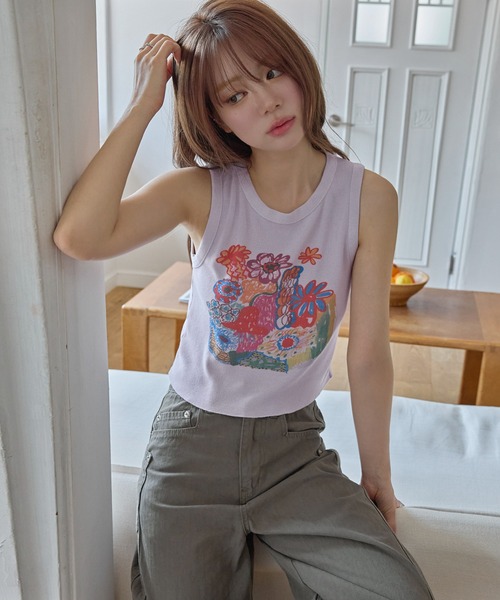 セール】カラフル花柄プリントデザインクロップド丈サマーニット