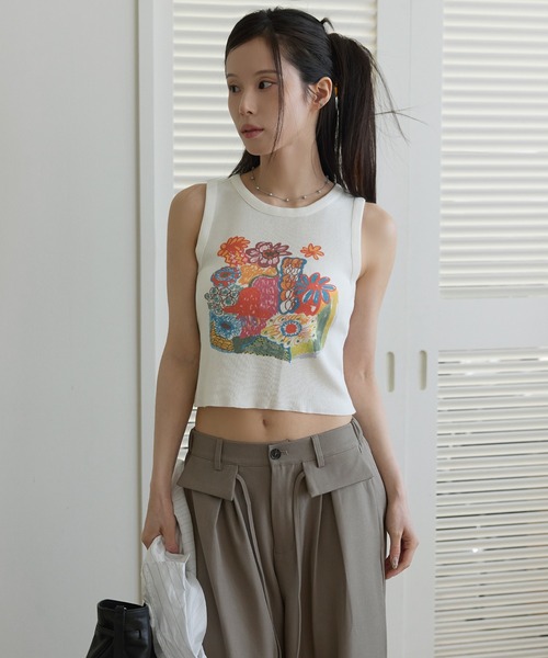 セール】カラフル花柄プリントデザインクロップド丈サマーニット