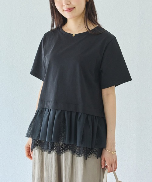 LAVEANGE（ラビアンジェ）の「裾レースチュールペプラムプルオーバー（Tシャツ/カットソー・レディース・オフホワイト/ブラック・M/LL/3L/4L/5L）」の4枚目の写真