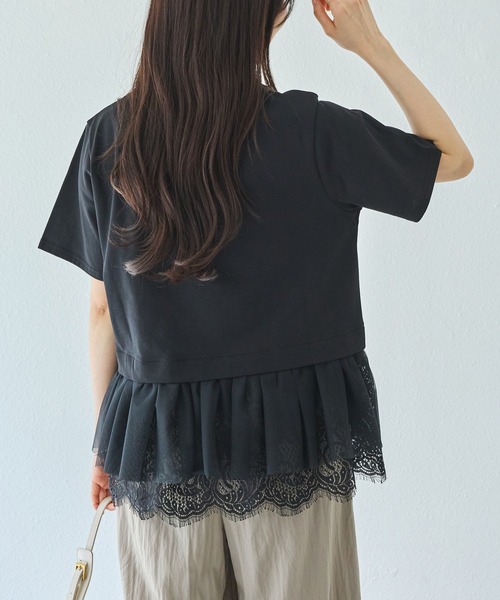 LAVEANGE（ラビアンジェ）の「裾レースチュールペプラムプルオーバー（Tシャツ/カットソー・レディース・オフホワイト/ブラック・M/LL/3L/4L/5L）」の8枚目の写真