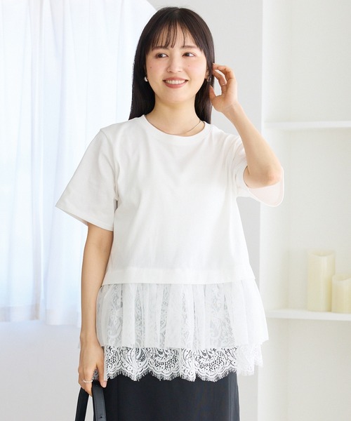 LAVEANGE（ラビアンジェ）の「裾レースチュールペプラムプルオーバー（Tシャツ/カットソー・レディース・オフホワイト/ブラック・M/LL/3L/4L/5L）」の13枚目の写真