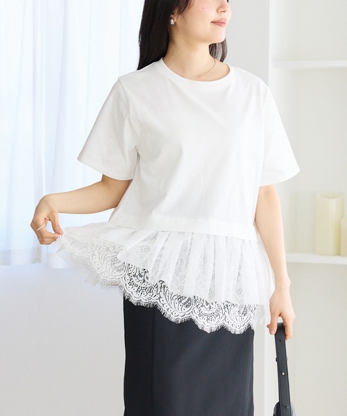 LAVEANGE（ラビアンジェ）の「裾レースチュールペプラムプルオーバー（Tシャツ/カットソー・レディース・オフホワイト/ブラック・M/LL/3L/4L/5L）」の14枚目の写真