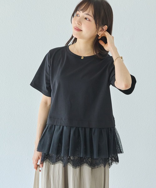 LAVEANGE（ラビアンジェ）の「裾レースチュールペプラムプルオーバー（Tシャツ/カットソー・レディース・オフホワイト/ブラック・M/LL/3L/4L/5L）」の3枚目の写真
