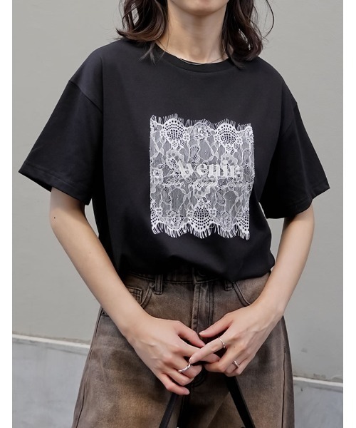 Re:EDIT（リエディ）の「[UVカット][接触冷感]レース刺繍ロゴTシャツ（Tシャツ/カットソー・レディース・ブラック/チャコールグレー/オフホワイト・FREE）」の6枚目の写真