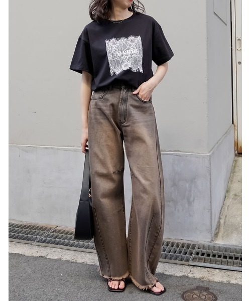 Re:EDIT（リエディ）の「[UVカット][接触冷感]レース刺繍ロゴTシャツ（Tシャツ/カットソー・レディース・ブラック/チャコールグレー/オフホワイト・FREE）」の4枚目の写真