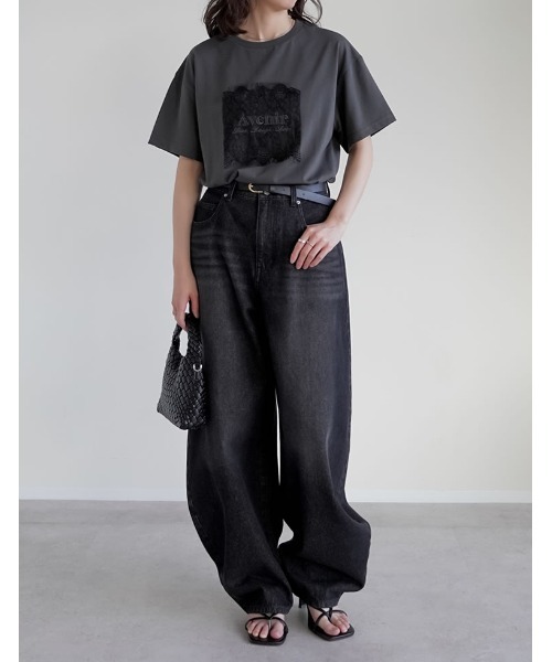 Re:EDIT（リエディ）の「[UVカット][接触冷感]レース刺繍ロゴTシャツ（Tシャツ/カットソー・レディース・ブラック/チャコールグレー/オフホワイト・FREE）」の14枚目の写真
