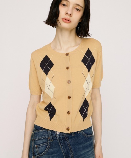 SLY（スライ）の「ARGYLE FRONT BUTTON KNIT TOPS アーガイルフロントボタンニットトップス 春服 夏服 サマーニット（ニット/セーター・レディース・オレンジ系その他/杢グレー・FREE）」の2枚目の写真