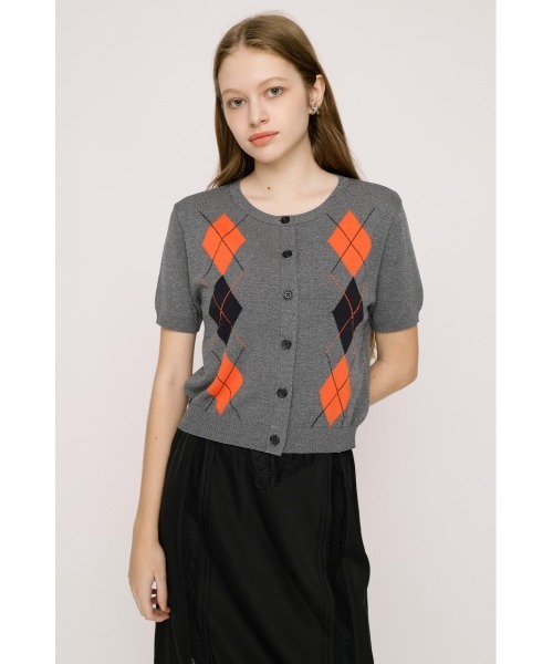 SLY（スライ）の「ARGYLE FRONT BUTTON KNIT TOPS アーガイルフロントボタンニットトップス 春服 夏服 サマーニット（ニット/セーター・レディース・オレンジ系その他/杢グレー・FREE）」の3枚目の写真