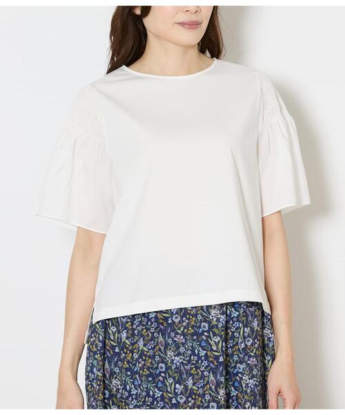 NEWYORKER(ニューヨーカー)の「【接触冷感・吸水速乾】プレーティング天竺 袖シャーリングプルオーバー(Tシャツ/カットソー・レディース・ホワイト/ネイビー・LARGE/MEDIUM)」の3枚目の写真