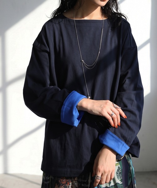 antiqua(アンティカ)の「綿100 配色袖 ボートネック ロンT(Tシャツ/カットソー・レディース・ホワイト/ネイビー/ブラック/レッド/ダークグレー・R/C)」の4枚目の写真